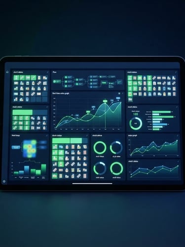 High-fidelity UI mockup of a pharmacy dashboard on a tablet, showing real-time sales and green stock alerts, soft ambient green studio lighting, deep navy background.