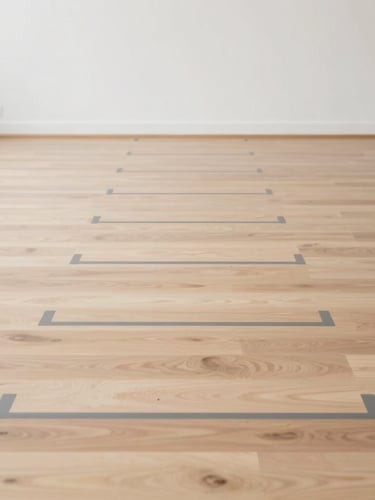 Clean editorial photography of a minimalist yoga studio with bright diffused daylight, showcasing a wooden floor and neutral alignment markings, 35mm.