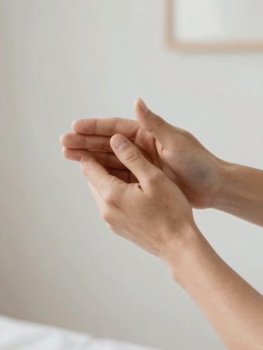 Close-up of respectful hands-on alignment adjustment in a bright minimalist studio, neutral muted tones, focus on professional technique, 35mm.