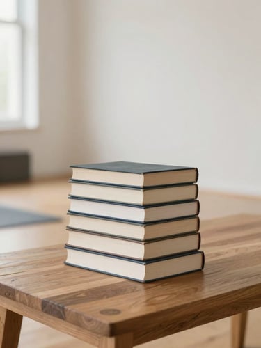 A stack of thick academic books on anatomy and ethics resting on a clean wooden table in a bright, empty yoga studio, diffused natural light, neutral muted tones, 35mm