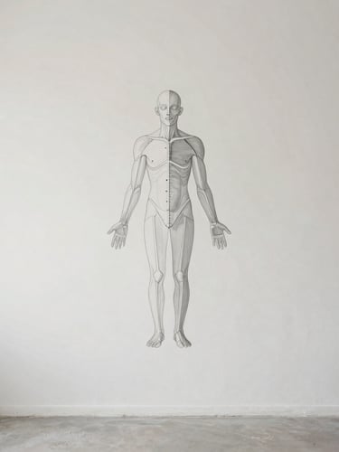 Anatomical alignment diagram on a minimalist studio wall, bright diffused daylight, neutral muted tones, 35mm