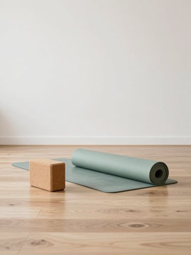 Minimalist yoga studio interior, empty wooden floor, a single cork block and a neatly rolled sage green mat, bright diffused daylight, neutral muted tones, sharp focus, 35mm