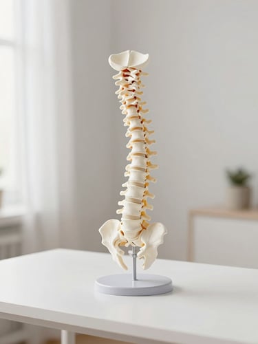 Clean minimalist anatomical model of a human spine on a white desk in a bright studio, diffused natural light, neutral tones, sharp focus, 35mm