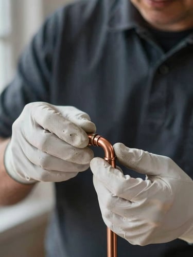 Portrait-oriented close-up of a master plumber's hands meticulously joining polished copper pipes, wearing clean white gloves, soft natural light, shallow depth of field.