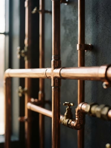 Close-up of meticulously polished copper pipes, precisely joined, with soft natural window light reflecting off the surface, shallow depth of field. Architectural, high-end.