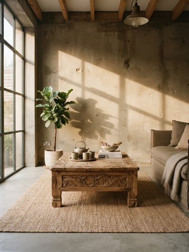A sun-drenched architectural living room featuring a hand-carved low wooden table, soft side-lighting casting warm shadows on a concrete wall, 35mm photography.