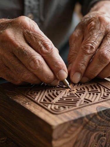 Close-up of an elderly artisan's hands carefully carving intricate geometric patterns into a solid block of dark wood, warm natural side-lighting, shallow depth of field.