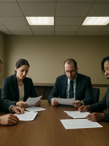 Wide shot of a government meeting room, four people seated at a rectangular table reviewing printed contract documents, overhead fluorescent lighting, institutional beige walls, no smiling or staged poses, focus on papers and hands, window light from the left side