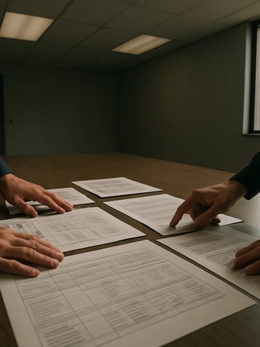 Wide environmental shot of a government office table, documents spread open under fluorescent ceiling light, two sets of hands reviewing printed procurement pages, institutional gray walls visible in background, natural daylight from a side window cutting across the table