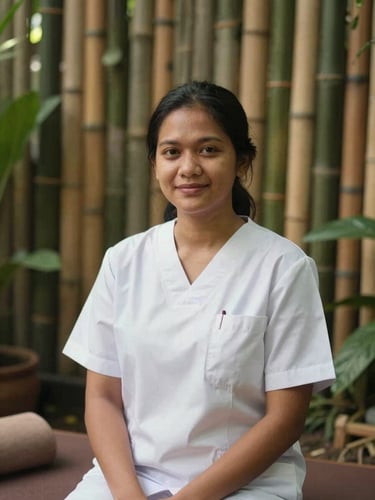 A warm professional portrait of an Indonesian therapist in a serene wellness sanctuary, soft lighting, bamboo background, shallow depth of field