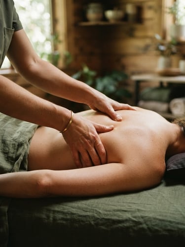 Professional close-up of warm hands performing a precise physical therapy massage on a back, soft-lit natural wood treatment room, shallow depth of field, 35mm