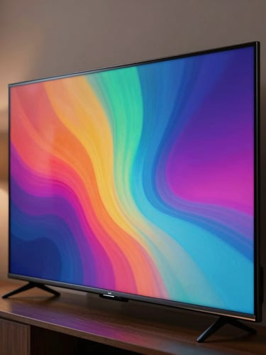 Close-up of an ultra-thin modern television screen displaying vibrant, high-contrast colors in a dimly lit, elegant Bogotá living room. Sleek metallic edge visible, soft ambient light.