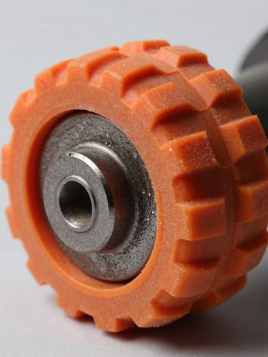 Macro detail shot of a molded orange polyurethane caster tread on a heavy cast iron core, clean light-grey background, high-contrast side-lighting emphasizing material texture.