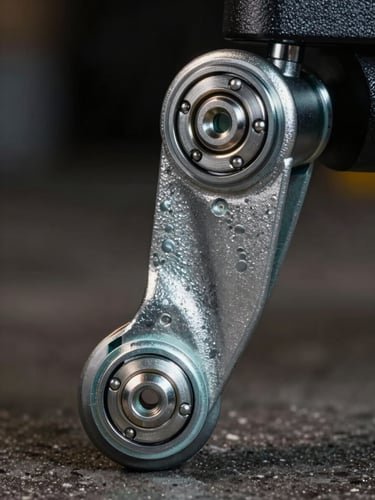 Close-up of high-quality dual-ball bearing swivel mechanism of an industrial caster, metallic textures, high-contrast engineering lighting.