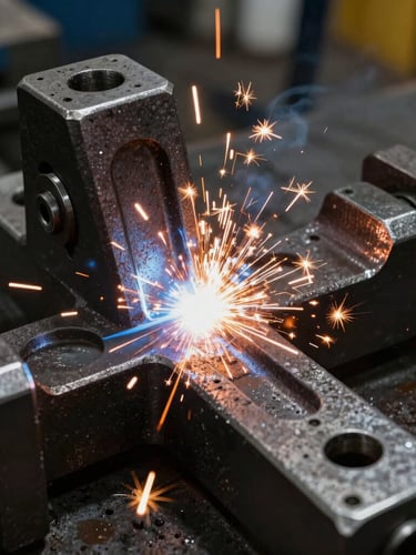 High-contrast industrial close-up of heavy-duty steel caster fabrication, sparks flying from a precise weld, dark metallic textures, dramatic side-lighting.