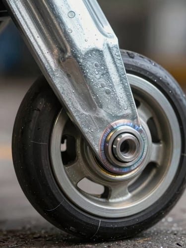 Macro side-lit view of a heavy-duty polyurethane caster wheel with a thick forged steel mounting plate, clean industrial welds, high-contrast lighting on metallic surfaces.