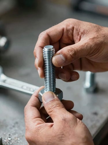 Close-up of a worker's hands tightening a heavy steel bolt with a wrench, natural daylight, high contrast, industrial setting.