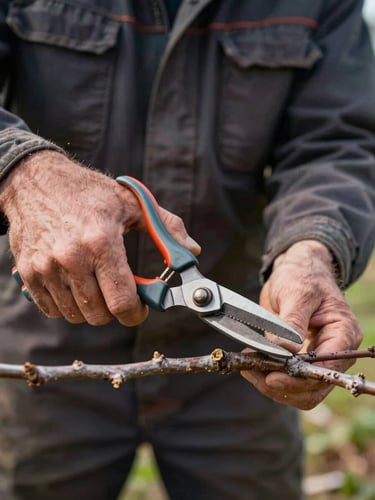 A worker in dark canvas workwear pruning a branch with professional shears, bright natural daylight, tight macro shot focusing on the action.