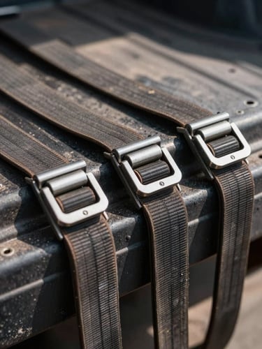 Macro shot of heavy-duty tension belts securing cargo on a truck bed, metal buckles, high contrast daylight, showing physical stability and safety.