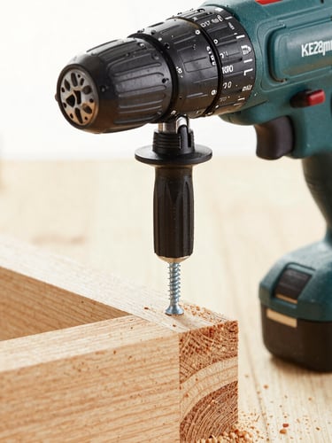 Macro shot of a high-quality cordless drill driver inserting a screw into a clean wooden joint, sawdust particles, bright natural light