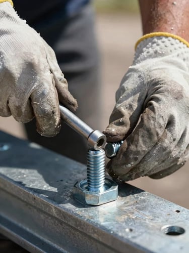 A tight macro shot of a worker's hands in protective gloves tightening a heavy steel bolt on an industrial frame using a torque wrench. Bright, high-contrast natural daylight highlights the metallic texture.