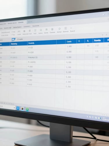 Close-up of a clean SAP FI-CO ledger interface on a modern monitor, bright natural office light, professional cool tones, sharp focus, 35mm lens