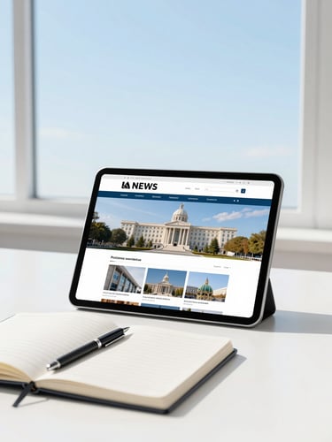 A clean modern workspace with a tablet displaying a news website, a notebook, and a pen under bright natural window light
