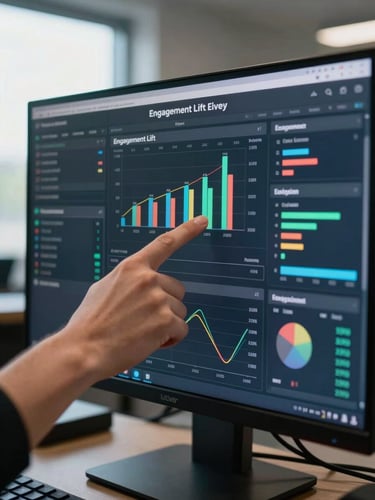 Close-up of a campaign performance dashboard on a monitor—engagement lift metrics and cohort charts visible mid-campaign, a hand pointing to a key data point, natural daylight from a window to the left, cool ambient office light