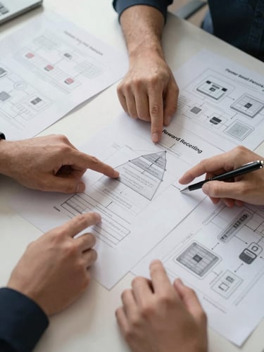 Overhead close-up of a strategy session in progress—annotated program architecture diagrams spread across a wide table, hands pointing to a reward-tier flow chart, natural north-facing daylight, charcoal pencil marks visible on printed mechanics layouts