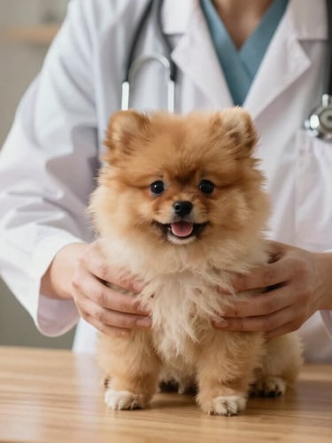 A warm, natural daylight medium shot of a veterinarian gently examining a small Pomeranian puppy on a clean wooden table.