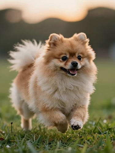 Plano medio de un cachorro Pomerania de linaje seleccionado corriendo sobre césped verde recién cortado, luz suave de atardecer, fondo desenfocado.