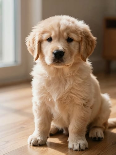 Close-up of an elegant Golden Retriever puppy sitting on a pristine wooden floor, soft natural morning light from a side window, shallow depth of field, warm and peaceful atmosphere.