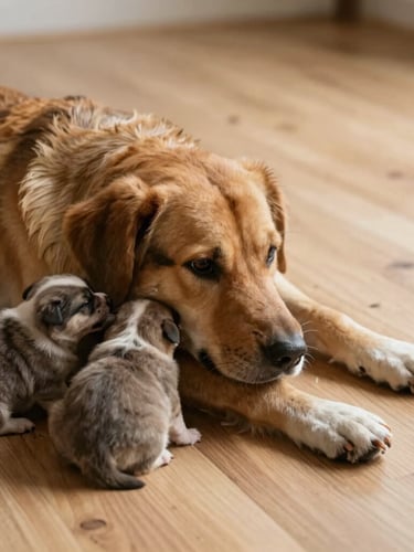 Close-up shot of a healthy mother dog resting with her puppies on a clean light oak floor, soft natural side lighting, warm tones