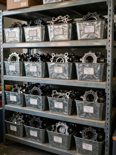 Close-up of organized salvage yard storage shelving, metal bins with handwritten reference labels facing the camera, engine blocks and gearbox units arranged in rows under indirect workshop lighting, no people, diffuse natural light from above