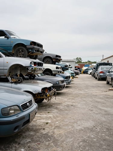 Wide panoramic view of an organized salvage yard from a low angle, rows of stripped vehicle bodies on the left third, open concrete yard extending to the right under diffuse overcast daylight, no people, no branding