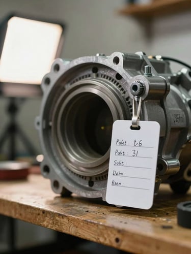Close-up of a gearbox housing resting on a workshop shelf, a white paper ID tag with handwritten part number and mileage hanging from a bolt, indirect studio light from the left, shallow depth of field, no people