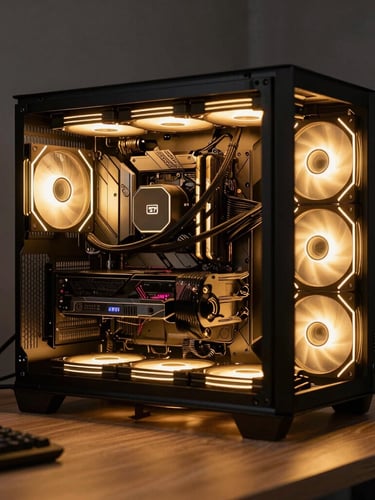 Cinematic portrait of a high-end streamer desk setup in a low-light environment, gold ambient lighting casting sharp rim lights on a custom liquid-cooled PC rig