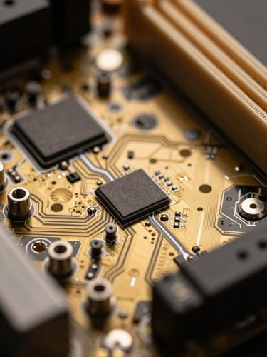Extreme macro close-up of gold-plated motherboard traces and liquid cooling fittings, low-key dramatic studio lighting with sharp gold reflections