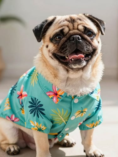 Vibrant pet photography, a happy pug wearing a colorful tropical teal shirt, warm natural daylight, cheerful bright colors, shallow depth of field.
