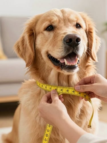 Detailed close-up of hands gently measuring a happy golden retriever's chest with a yellow tape measure, soft warm daylight, cozy home background