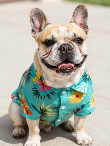 A joyful French bulldog sitting happily wearing a colorful custom-tailored tropical teal shirt, bright natural daylight, close-up shot
