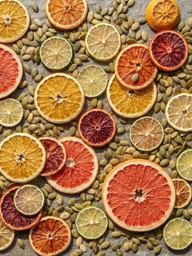 Overhead flat-lay of vibrant dehydrated citrus slices and raw pumpkin seeds on a clean stone surface, bright natural sunlight with sharp crisp shadows
