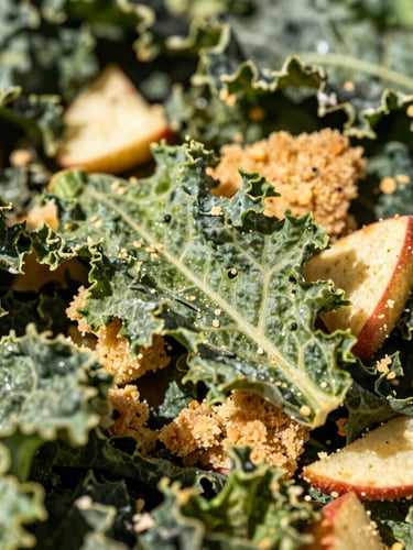 Macro shot of dehydrated kale and apple crisp textures, showing fine organic fibers, bright natural sunlight, sharp shadows