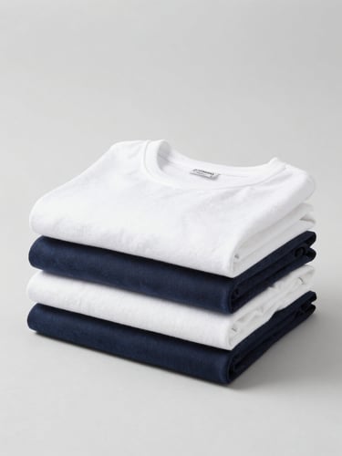 Bright high-key product photography of neatly folded apparel and home essentials on a seamless light gray backdrop, crisp studio light.