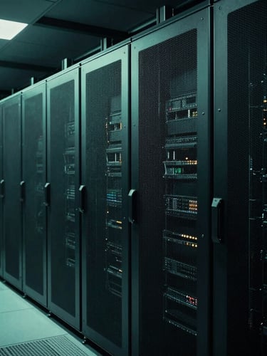 Wide, structured architectural shot of a server farm interior, cool-toned low-key studio lighting with sharp cyan accents, high contrast, 35mm lens, portrait aspect