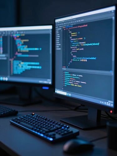 Macro shot of a clean developer workspace, cool ambient low-key light with sharp electric blue accents, glowing screens showing clean code structures, 35mm focus