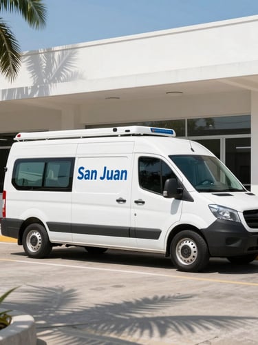 A clean, branded service vehicle parked outside the active San Juan dispatch office under bright tropical daylight, professional architectural framing.