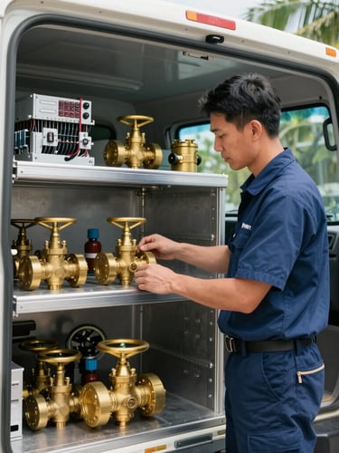 A medium-close shot of a uniformed technician organizing heavy brass valves and electrical components inside a bright, clean, fully stocked utility truck, natural daylight.