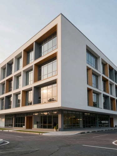 Wide-angle architectural shot of a modern Indonesian university building designed with clean Scandinavian lines, light wood accents, large glass windows, and diffused morning daylight.