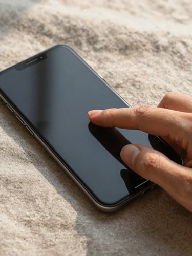 Top-down macro shot of a thumb interacting with a sleek Android phone on linen sheets, displaying smooth gesture transitions and warm morning light.